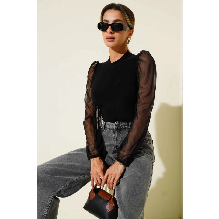 Dik yaka tül kollu bluz siyah t3066