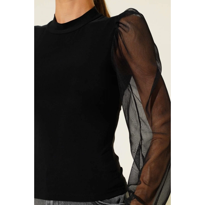 Dik yaka tül kollu bluz siyah t3066