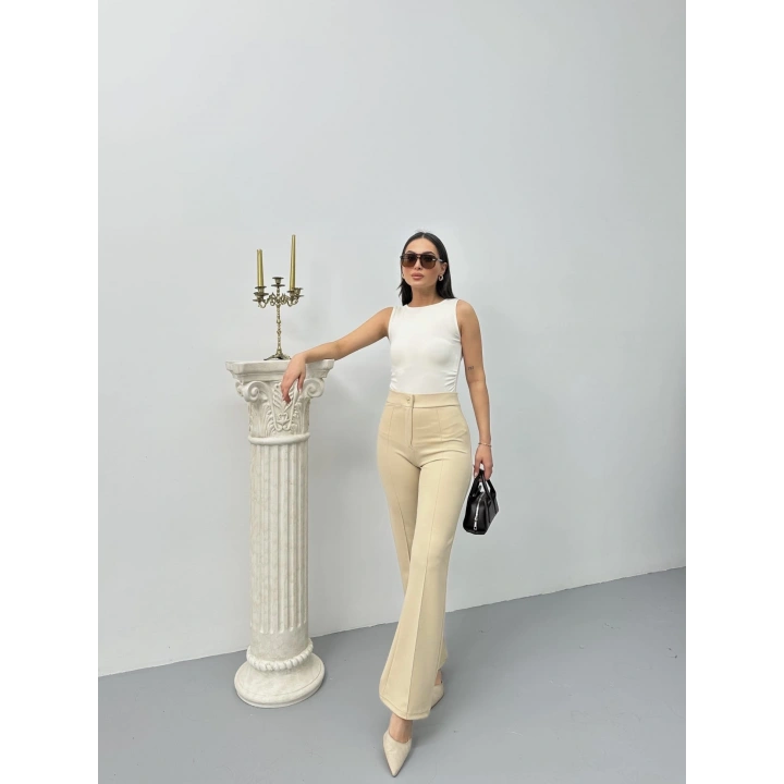 Düğmeli Palazzo pantolon bej p170091
