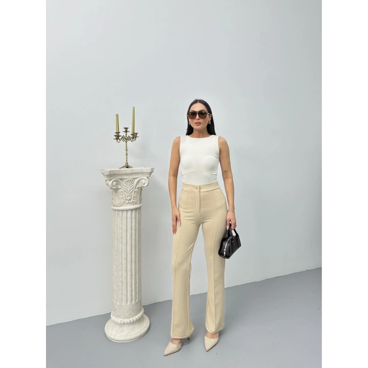 Düğmeli Palazzo pantolon bej p170091