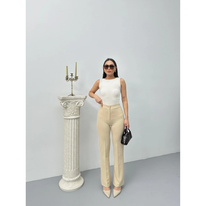 Düğmeli Palazzo pantolon bej p170091