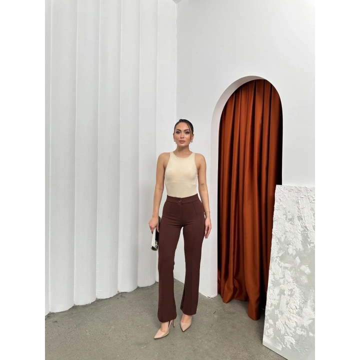 Düğmeli Palazzo pantolon kahve p170091