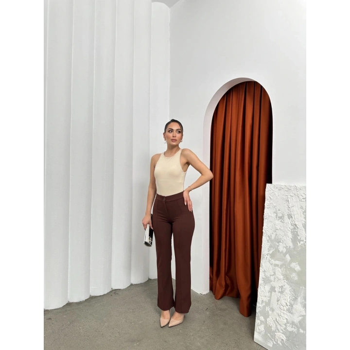 Düğmeli Palazzo pantolon kahve p170091