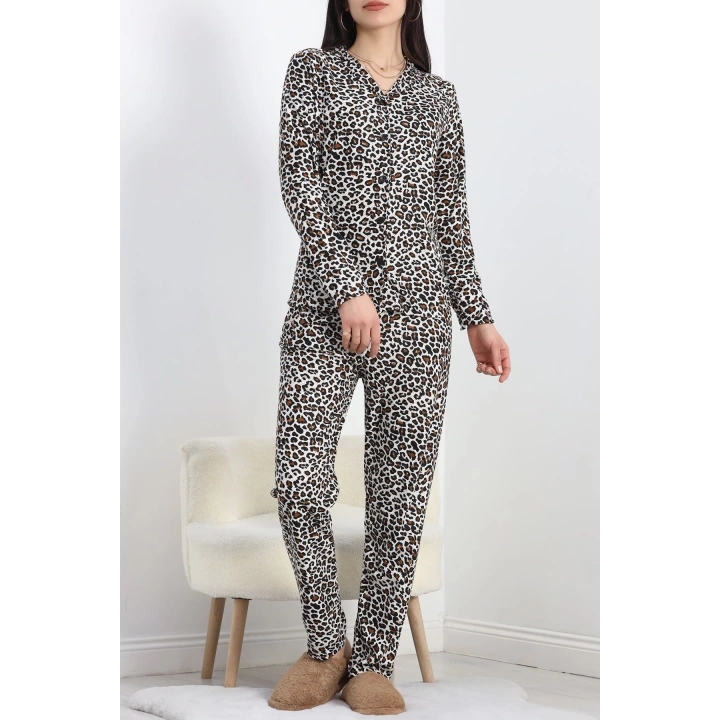 Düğmeli Süet Pijama Takımı Leopar - 50039.1857.