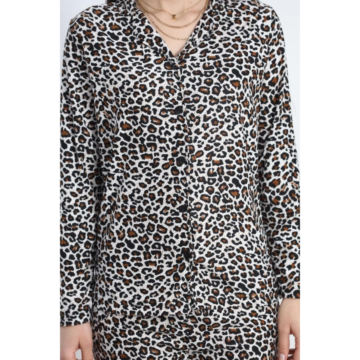 Düğmeli Süet Pijama Takımı Leopar - 50039.1857.