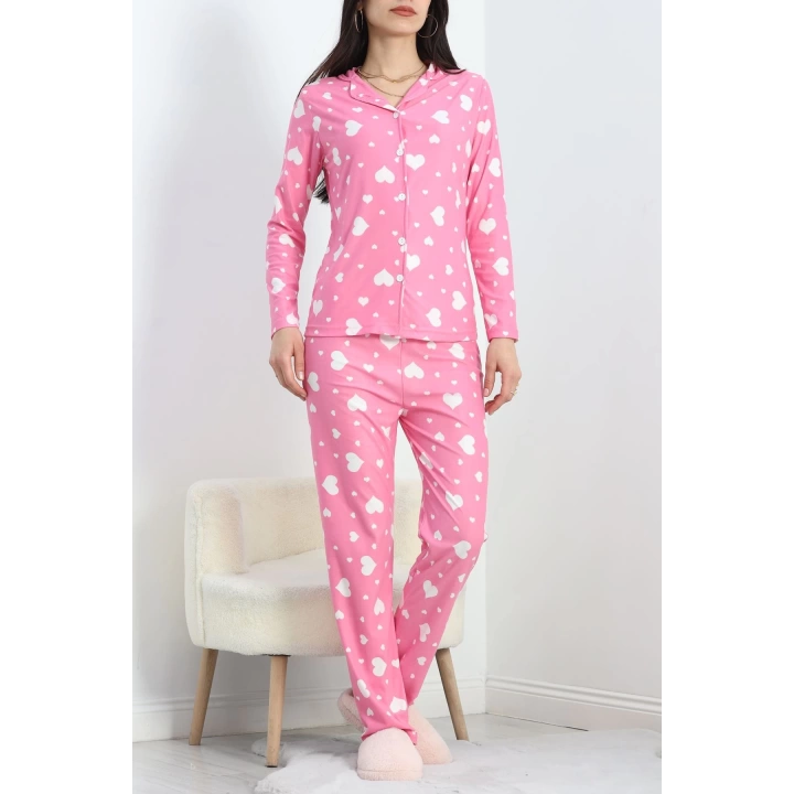 Düğmeli Süet Pijama Takımı Pembekalpli - 50039.1857.