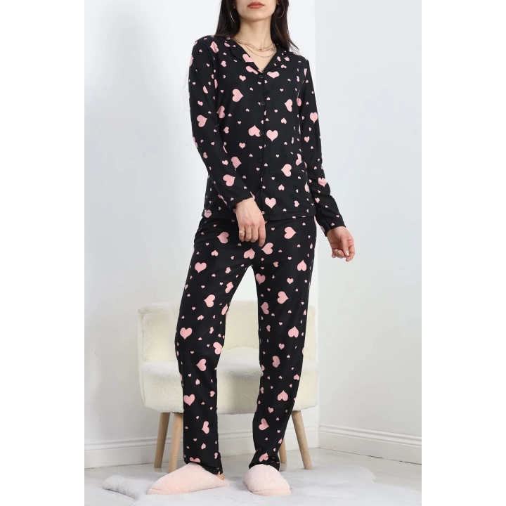 Düğmeli Süet Pijama Takımı Siyahpembe - 50039.1857.