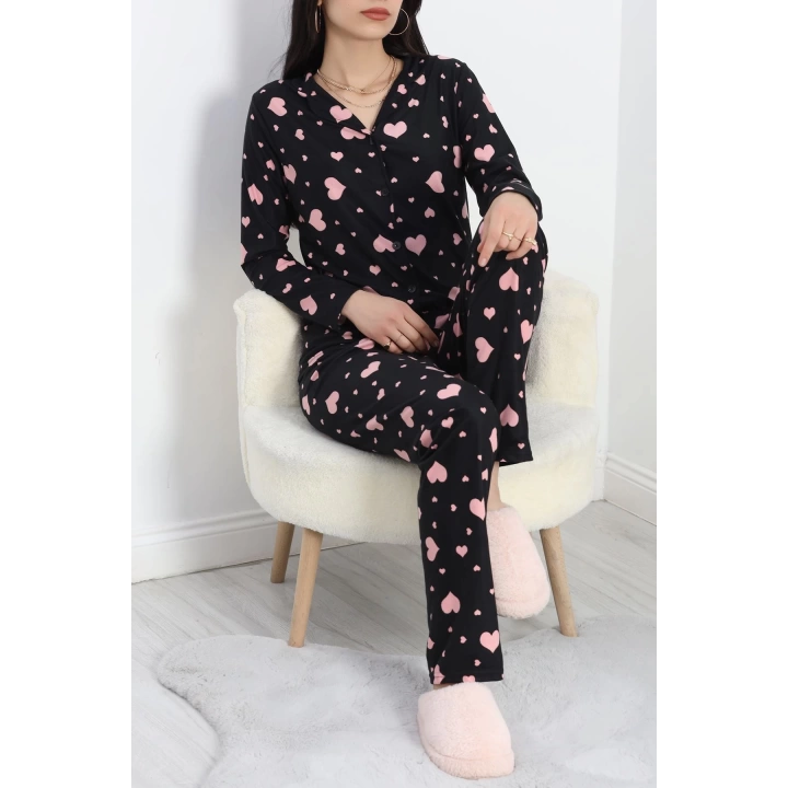 Düğmeli Süet Pijama Takımı Siyahpembe - 50039.1857.