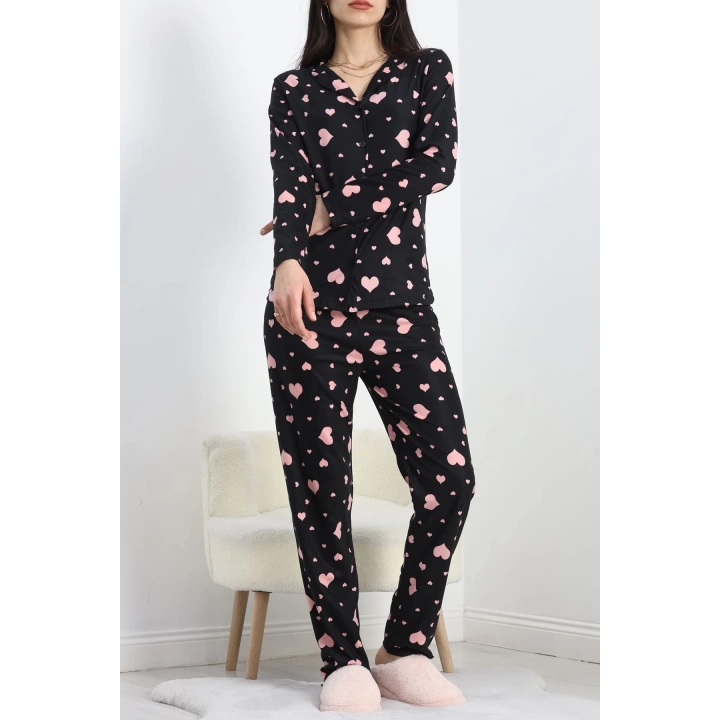 Düğmeli Süet Pijama Takımı Siyahpembe - 50039.1857.