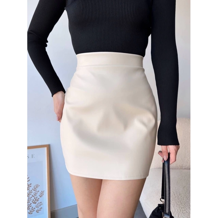 Düz deri etek bej h24468