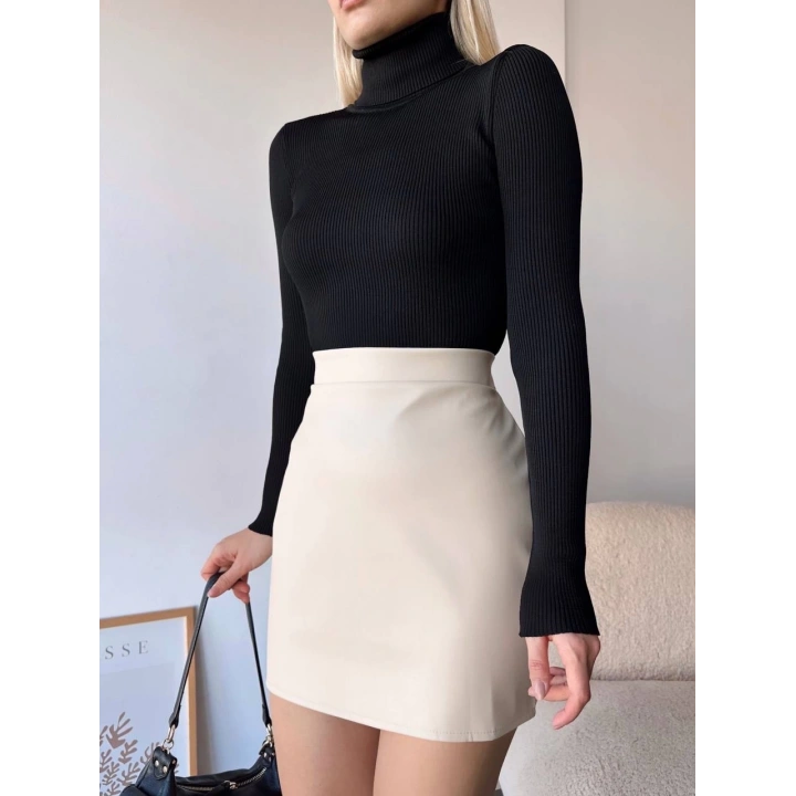 Düz deri etek bej h24468