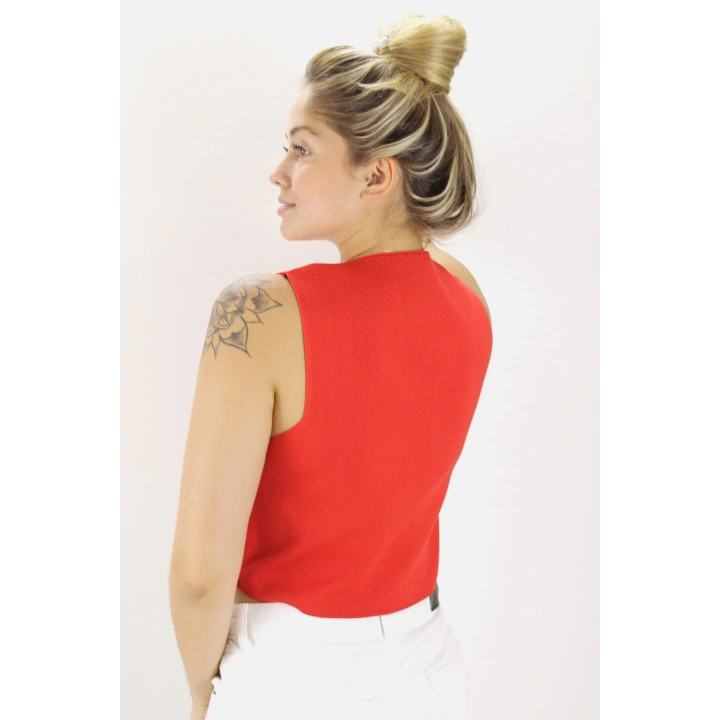 Düz Triko Crop Yelek Bluz Kırmızı - 1468.100