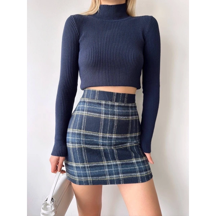 Ekoseli kaşe etek lacivert hf