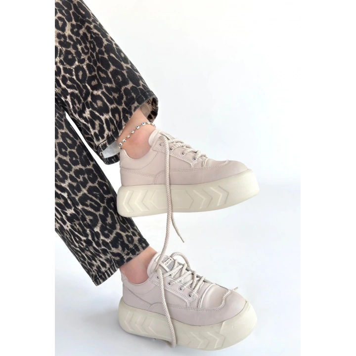 Emwa Bej Cilt Bağcıklı Spor Ayakkabı