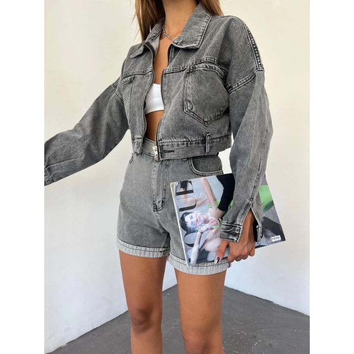 Fermuarlı Çift Cepli Denim Ceket