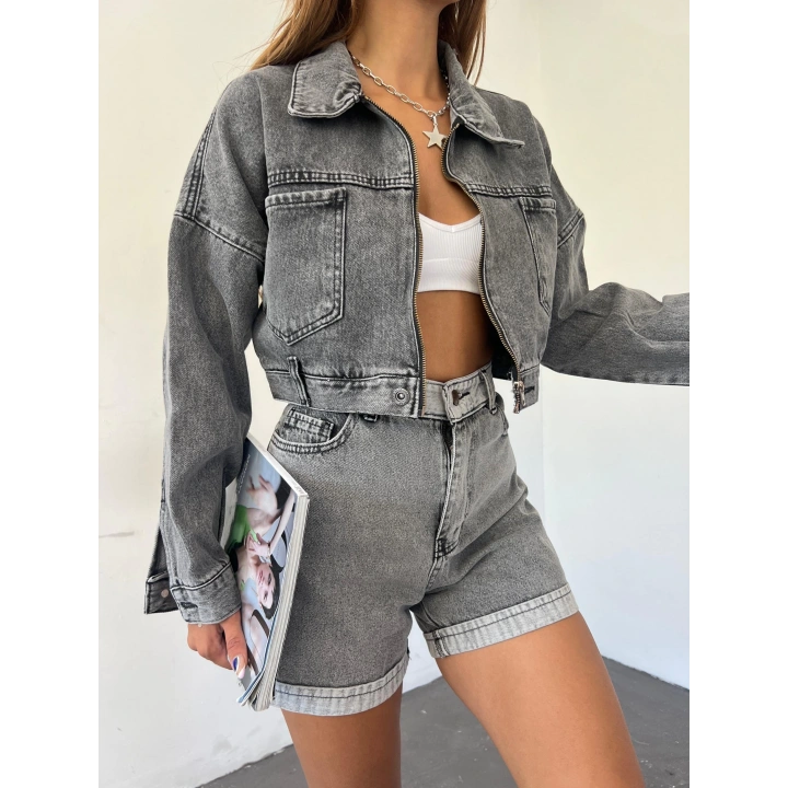 Fermuarlı Çift Cepli Denim Ceket