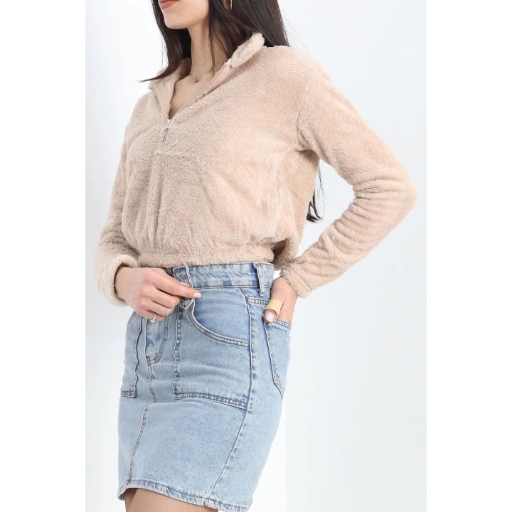 Fermuarlı Crop Peluş Sweat Bej - 9060.1153.