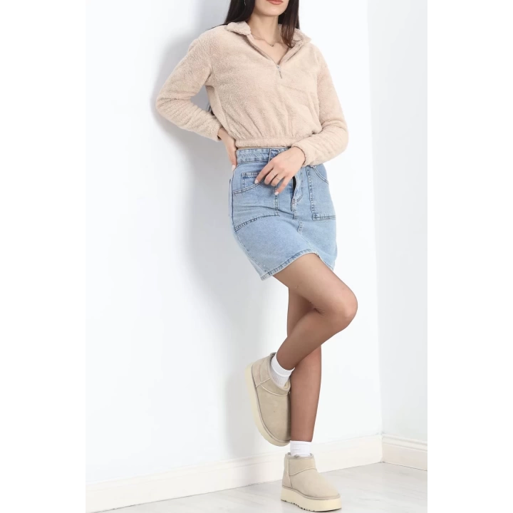 Fermuarlı Crop Peluş Sweat Bej - 9060.1153.