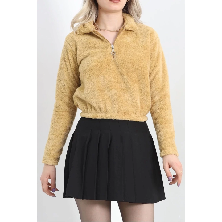 Fermuarlı Crop Peluş Sweat Camel - 9060.1153.