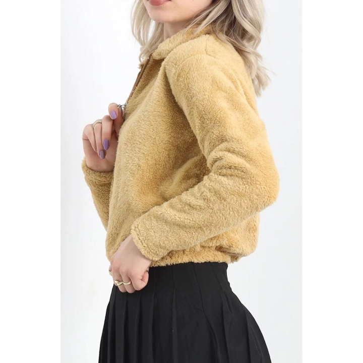 Fermuarlı Crop Peluş Sweat Camel - 9060.1153.