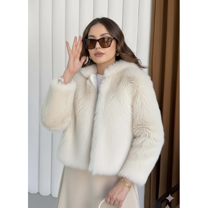 Fermuarlı kısa kürk siyah ekru t7746