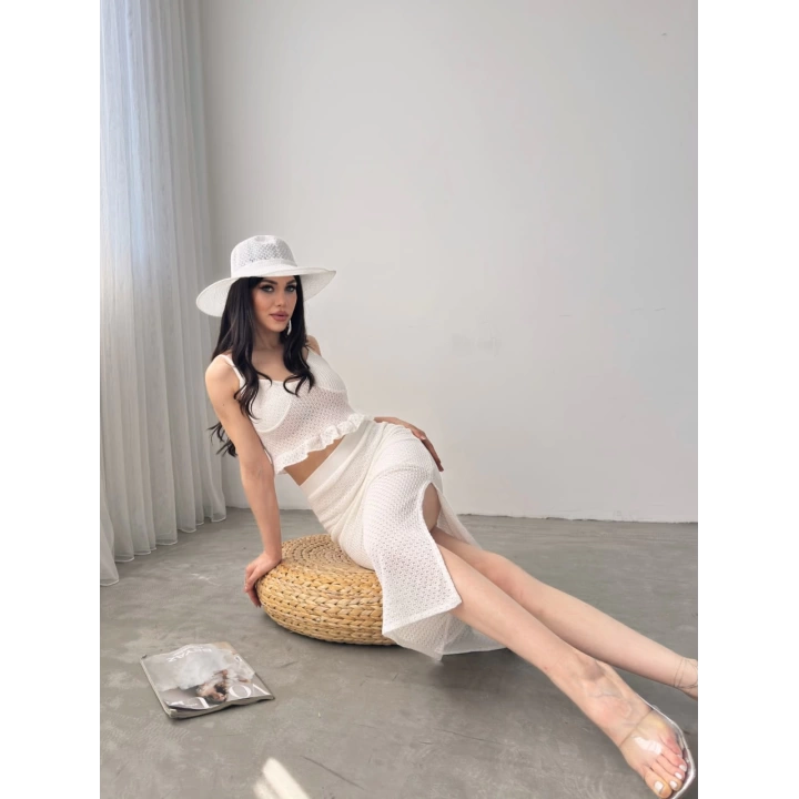 Fırfır Detaylı Crop Bluz Ve Etek Triko İkili Takım