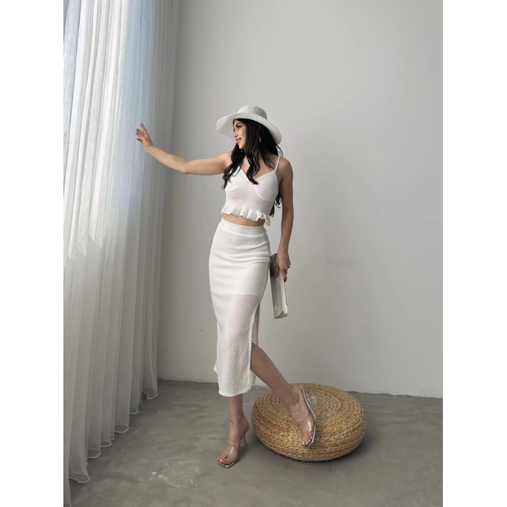 Fırfır Detaylı Crop Bluz Ve Etek Triko İkili Takım