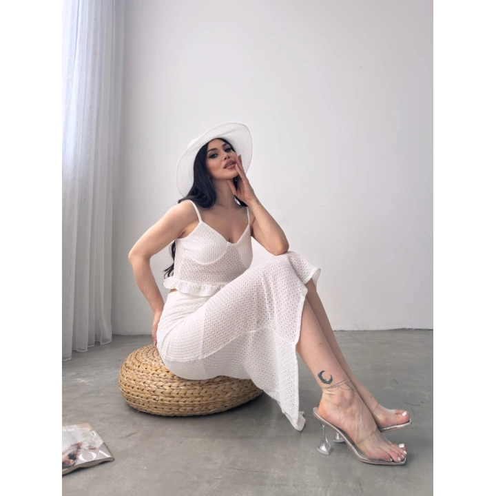 Fırfır Detaylı Crop Bluz Ve Etek Triko İkili Takım