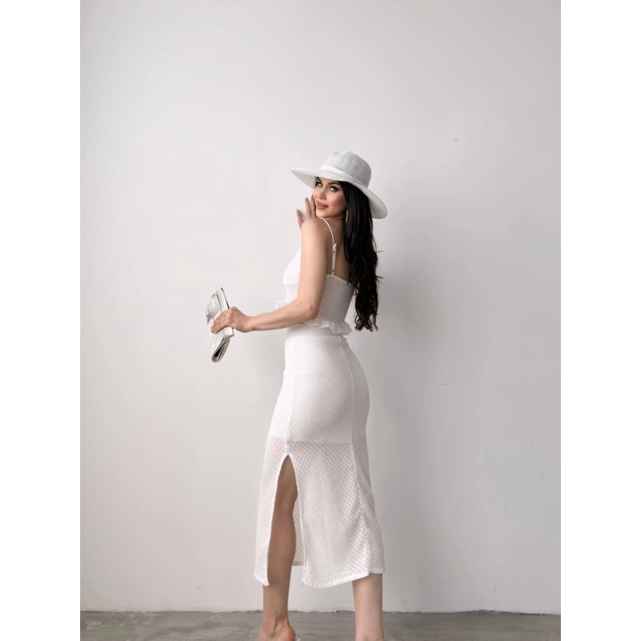 Fırfır Detaylı Crop Bluz Ve Etek Triko İkili Takım