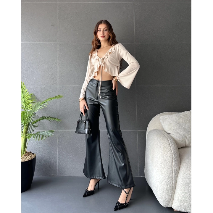 Fırfır Detaylı Önü Bağlamalı Crop Bluz