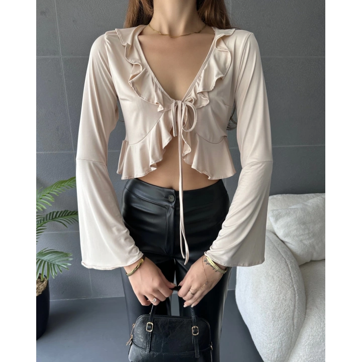 Fırfır Detaylı Önü Bağlamalı Crop Bluz