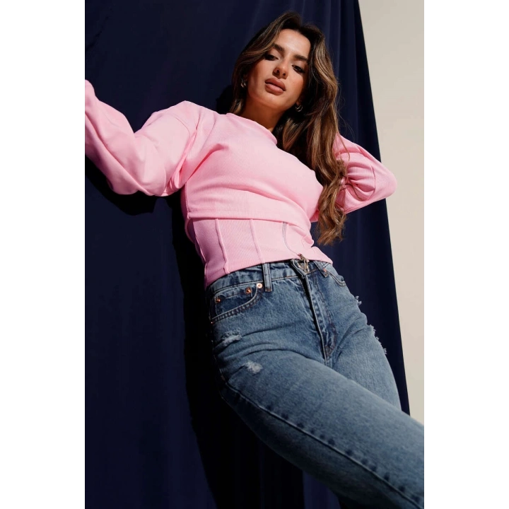 Fitilli Bisiklet Yaka İkili Bluz Pembe T4341