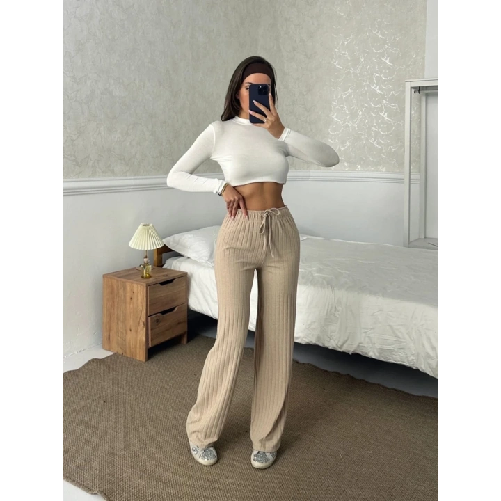 Fitilli şardonlu pantolon bej a4058