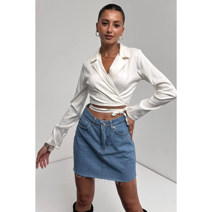 Gömlek Yaka Beli Bağlamalı Crop Bluz
