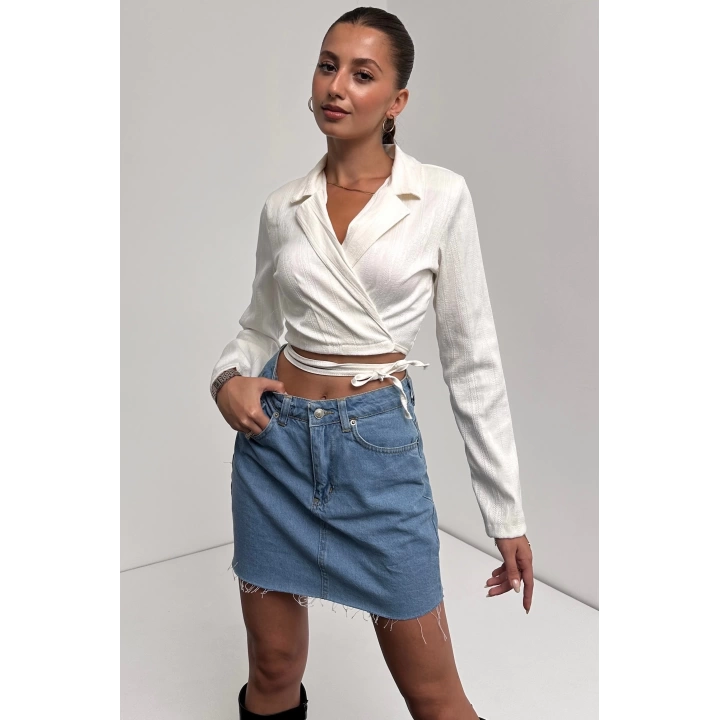 Gömlek Yaka Beli Bağlamalı Crop Bluz