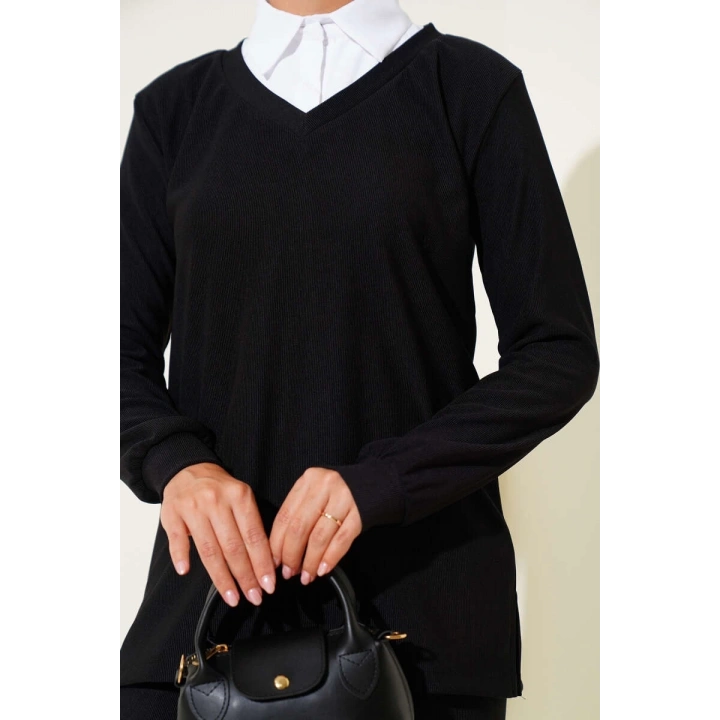 Gömlek Yaka Fitilli Salaş İkili Takım siyah T4300