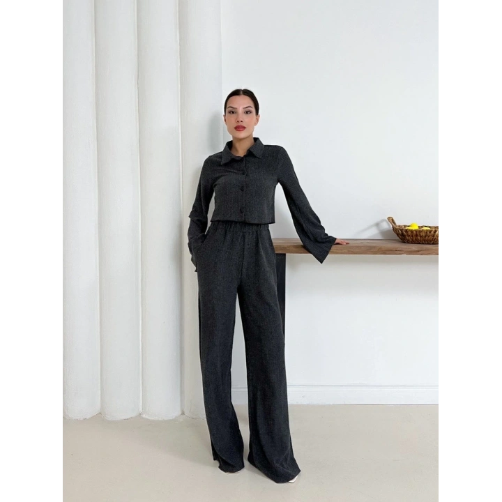 Gömlek yaka kaplama düğmeli takım antrasit st265866