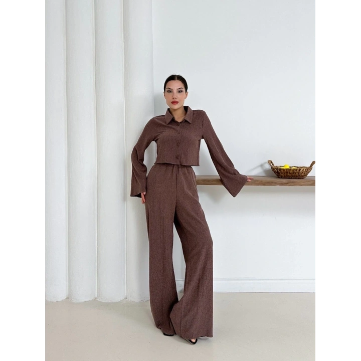 Gömlek yaka kaplama düğmeli takım kahve st265866