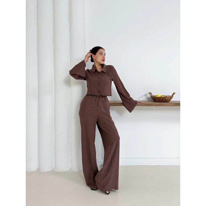 Gömlek yaka kaplama düğmeli takım kahve st265866