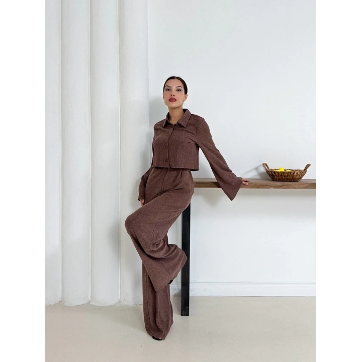 Gömlek yaka kaplama düğmeli takım kahve st265866