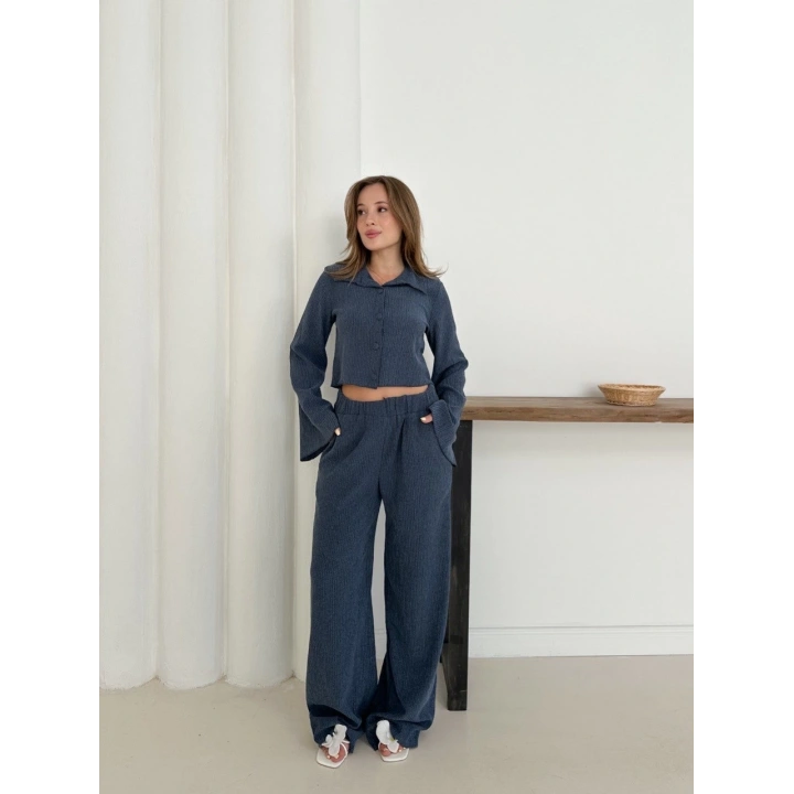 Gömlek yaka kaplama düğmeli takım lacivert st265866