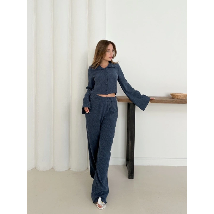 Gömlek yaka kaplama düğmeli takım lacivert st265866