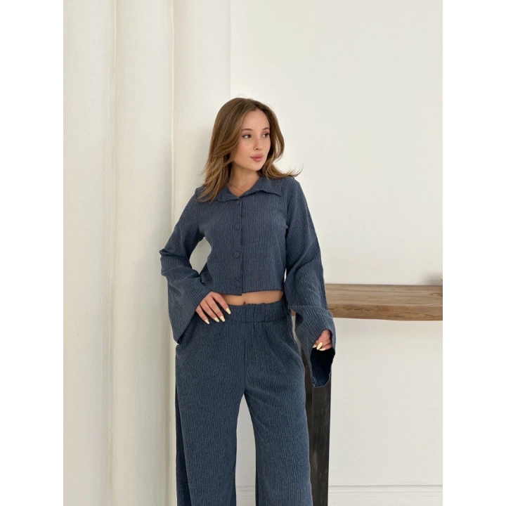 Gömlek yaka kaplama düğmeli takım lacivert st265866