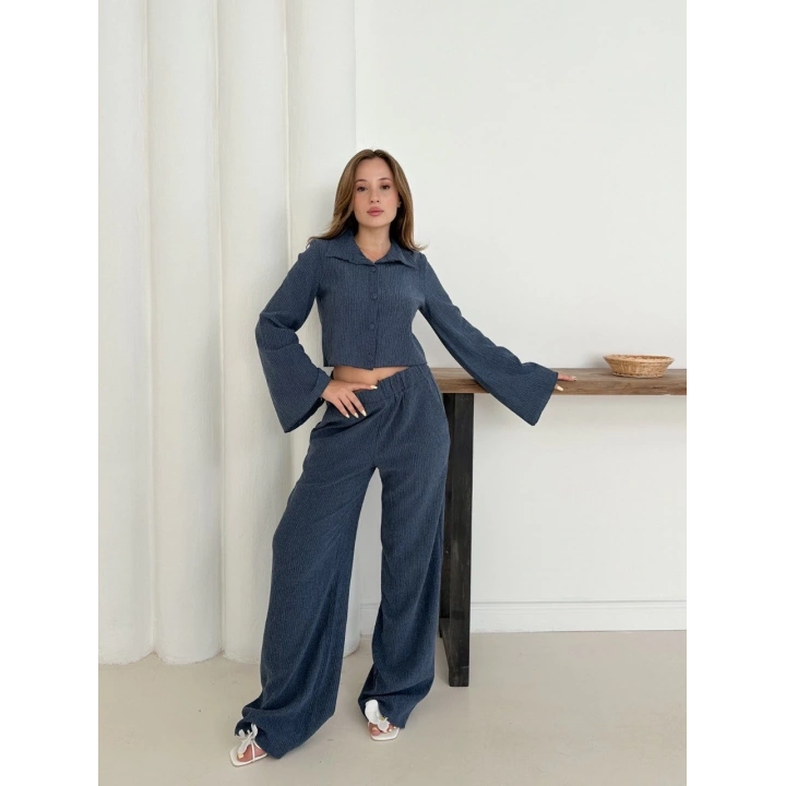 Gömlek yaka kaplama düğmeli takım lacivert st265866