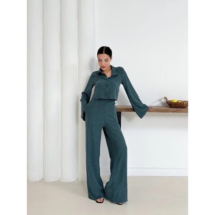 Gömlek yaka kaplama düğmeli takım petrol yeşili st265866