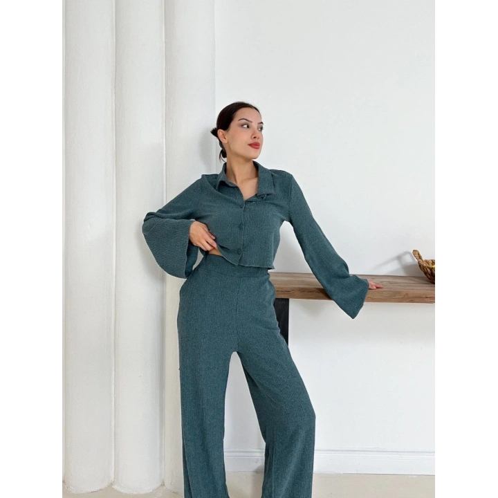 Gömlek yaka kaplama düğmeli takım petrol yeşili st265866