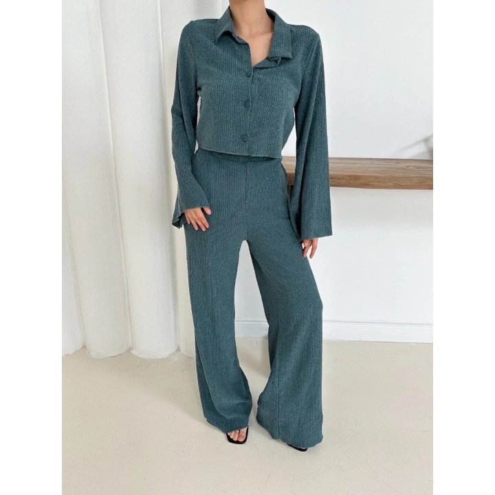 Gömlek yaka kaplama düğmeli takım petrol yeşili st265866