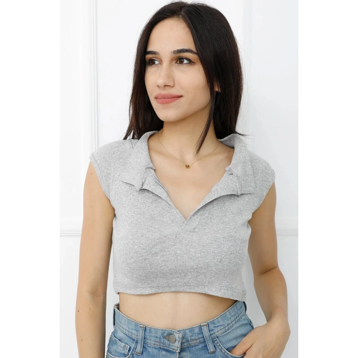 Hakim Yaka Dekolteli Crop Bady Gri - P-020498
