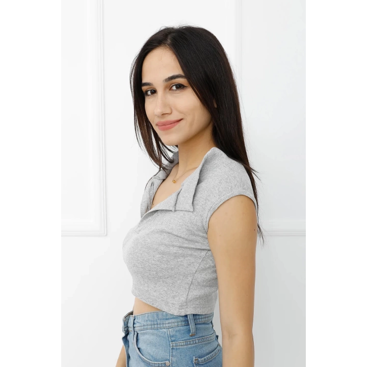 Hakim Yaka Dekolteli Crop Bady Gri - P-020498
