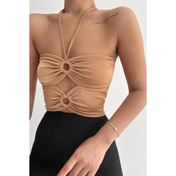 Halka Tokalı Cut Out Top Bluz Camel - 1514.9135.